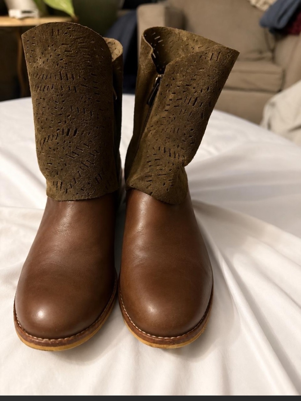 Antelope Brown Leather Ankle Boots with Olive Suede Shaft
